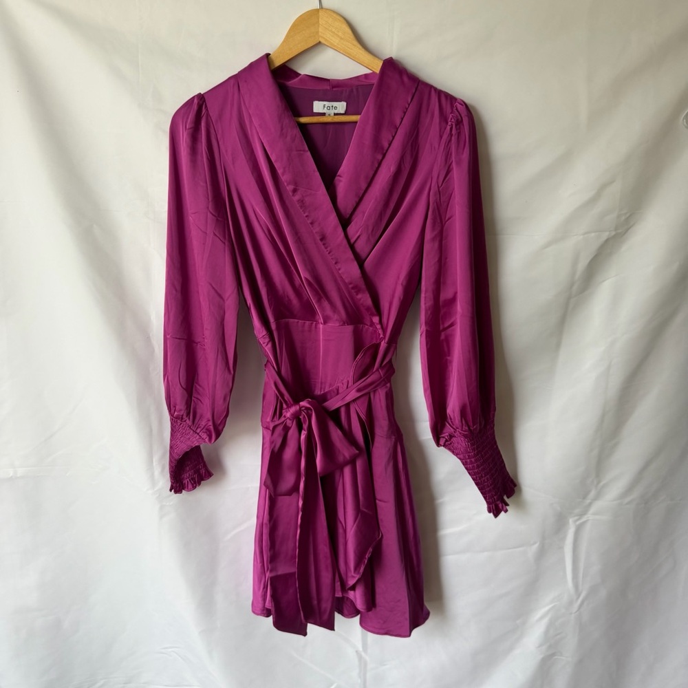 Fate Magenta Wrap Mini Dress with Smocked Cuffs